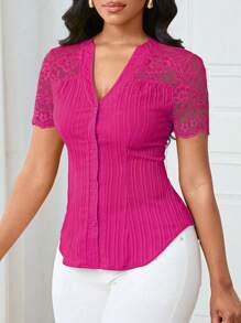 Lunelith SHEIN Lunessa Áo cánh ren vá cổ chữ V màu trơn tối giản dành cho nữ khi đi làm - Màu Hồng Tươi - Xem 4