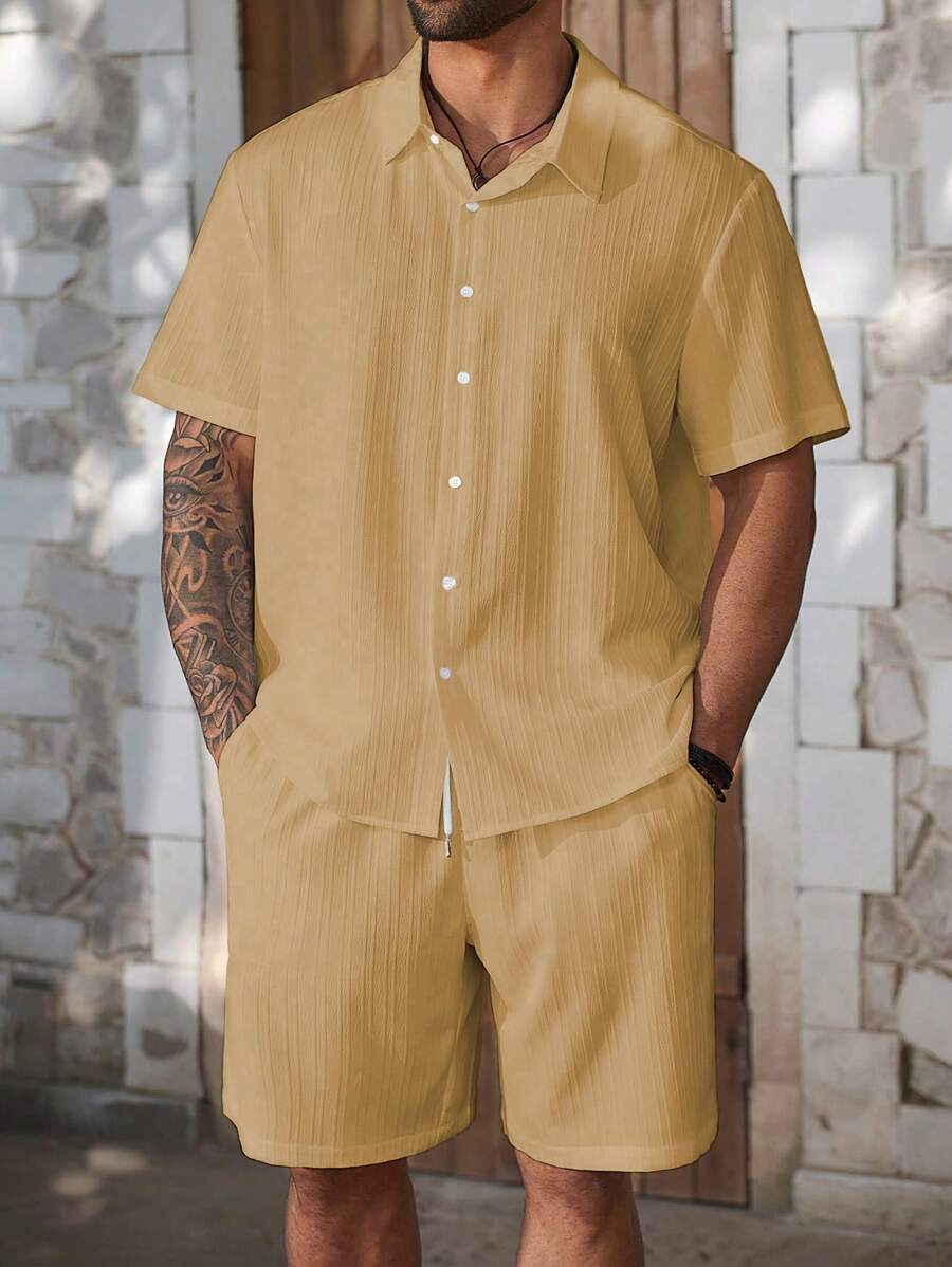 ResortEase 2pcs/Set Men Plus Size Casual Short Sleeve Shirt And Drawstring Loose Shorts Set