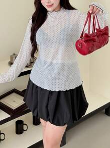 Dazy Plus Plus Size Women Contrast Color Patchwork Stand Collar Mesh Polka Dot Top Sheer Blouse T-Shirt