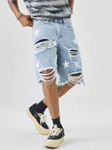Manfinity EMRG Pantalones cortos de mezclilla con efecto lavado y desgastado con estampado de estrellas para hombres - Lavado ligero - Ver 6