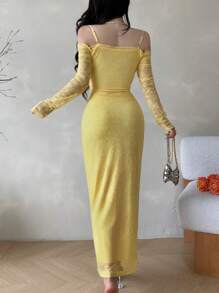 Modelyn Đầm dự tiệc thanh lịch tay dài ren dây mảnh cho nữ cổ khoét sâu - Màu vàng - Xem 2