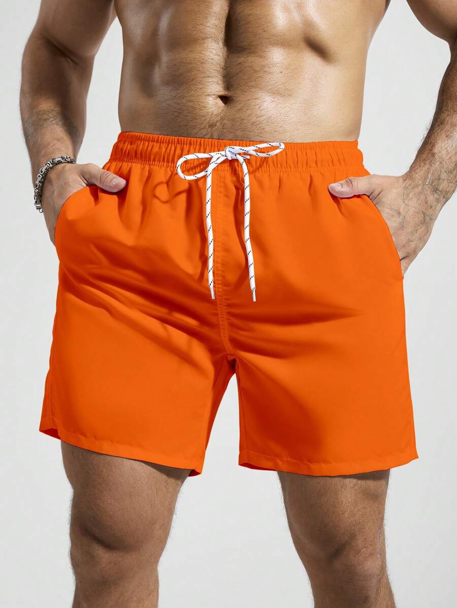 Surfspeed Men's Plain Pocketed Drawstring Waist Beach Shorts, Suitable For Summer, Hawaiian, Men Dry Fit Orange Swim Trunks, Men Swim Trunk Matching, Men Beachwear, Plain Swim Trunks