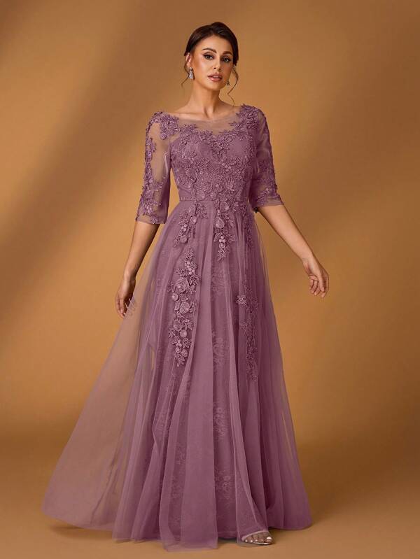 Serin Vestido de línea A con cuello redondo, mangas 3/4, inserción de encaje y malla, borde lujosamente adornado. Elegante y romántico para fiesta de noche, cita, boda, festivales de música. Adecuado para novia y madre.