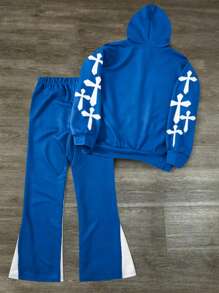 SHEIN 2 Peças/Conjunto Casual do Dia a Dia para Meninos Pré-Adolescentes, Conjunto de Moletom com Capuz Impresso Macio e Calça de Moletom com Ajuste Relaxado - Azul e Branco - Visão 3