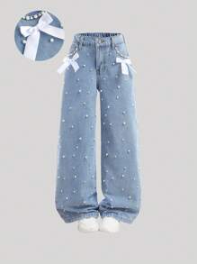Girlism Tween Girls' Elegant Light Washed Distressed Bowknot High Waist Baggy Denim Straight Leg With Pocket Insert,Faux Pearl,And Frayed Hem,For Spring And Summer Vacation Festival Outfits,Girls Summer Beach Boho Vacation Wide Leg Pants, Summer Concert Festival Casual Rave Outfits, Girls Summer Brunch Church Graduation Outfits - Light Wash - View 1