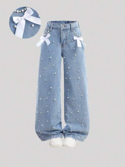 Girlism Tween Girls' Elegant Light Washed Distressed Bowknot High Waist Baggy Denim Straight Leg With Pocket Insert,Faux Pearl,And Frayed Hem,For Spring And Summer Vacation Festival Outfits,Girls Summer Beach Boho Vacation Wide Leg Pants, Summer Concert Festival Casual Rave Outfits, Girls Summer Brunch Church Graduation Outfits