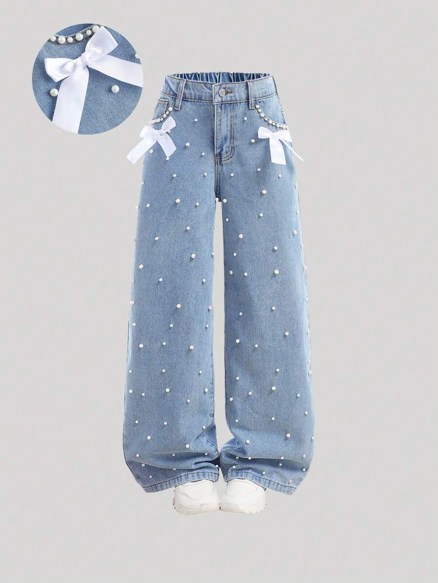 Girlism Tween Girls' Elegant Light Washed Distressed Bowknot High Waist Baggy Denim Straight Leg With Pocket Insert,Faux Pearl,And Frayed Hem,For Spring And Summer Vacation Festival Outfits,Girls Summer Beach Boho Vacation Wide Leg Pants, Summer Concert Festival Casual Rave Outfits, Girls Summer Brunch Church Graduation Outfits - Light Wash - View 1