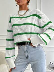 EURMUSE Striped Pattern Drop Shoulder Sweater - Green - View 4