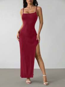 SHEIN PETITE Damen einfarbiges Kleid mit Plissees, Seitenschlitzen und Spaghettiträgern