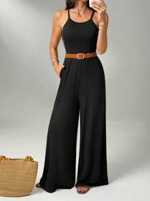 SHEIN Tall Black Jumpsuit With Pockets, Wide Leg, Casual And Comfortable Summer Outfit, Knit Fabric Business Casual Woman Overalls - Black - View 4