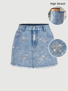 SHEIN MOD 大码休闲水洗星星亮片牛仔裙，女式修身牛仔裙，星星图案，夏季，宽松牛仔裙，春假，女牛仔，音乐会，狂欢节，圣帕特里克节，狂欢，辣妹，闪亮星星牛仔裙，女士裙子，海滩，女牛仔，牛仔裙 - 淺色水洗藍 - 查看 1