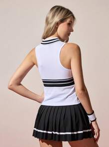 CourtClass Women's White Ribbed Polo Tank Top With Black Stripes. This Sleeveless Activewear Is Perfect For Sports, Workouts, Or Everyday Casual Wear. - White - View 2