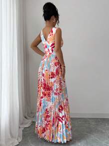 SHEIN PETITE 女士度假无袖印花深V领露肩褶饰性感节日连衣裙（随机印花）