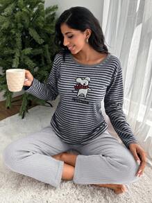 EURMUSE 100%Cotton Striped & Cartoon Graphic PJ Set - Black - View 3