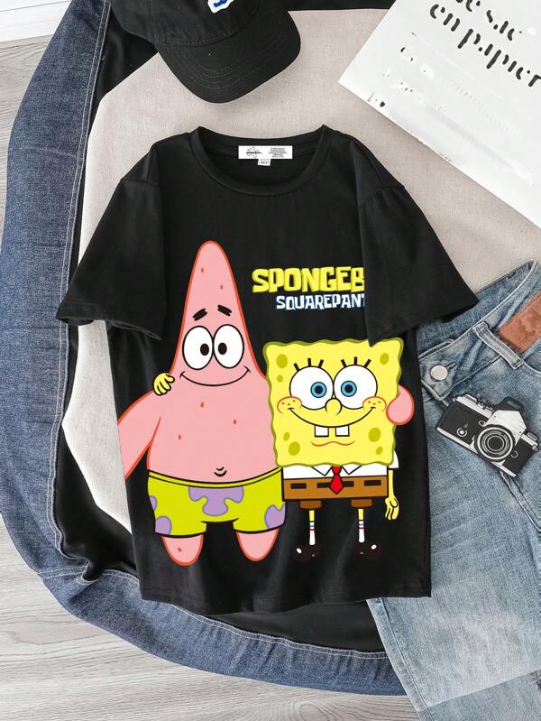 SpongeBob SquarePants X SHEIN Camiseta de manga corta casual con gráfico de dibujos animados, adecuada para el verano, para niño preadolescente