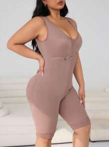 SHEIN EZwear 加大码女士塑身连体衣，提升胸部、收腹、提臀 - 棕色 - 查看 4