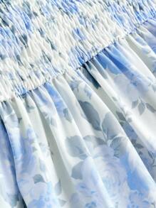 Girlism 少女蓝色碎花不对称下摆中长连衣裙，休闲优雅，适合返校、聚会、婚礼、伴娘、舞会、晚会，撞色蝴蝶结拼布吊带裙，伴娘礼服，适合派对、婚礼、花园活动、通勤优雅、购物，适合婚礼、生日派对、舞会和伴娘场合 - 藍色 - 查看 4