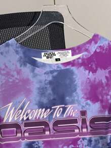 READY PLAYER ONE X SHEIN Camiseta de manga corta con cuello redondo, con estampado de teñido anudado y texto, talla grande - Blanco - Ver 3