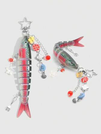 Kawaii 1 Handmade Ocean Themed Shell Fish Keychain, Bionic Fishing Lure, Mulit-Hook Lure Pendant, Vacation Style