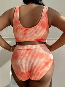Slaydiva 2pcs Plus Size Women Tie-Dye Printed Elegant Tankini Swimsuit, Leisure Vacation For Summer - Orange - View 2