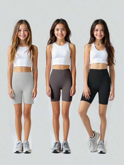 Sparklyn 3pcs/Set Toddler Girls' Simple Casual Solid Color Knit Short Leggings, Spring/Summer,Suitable For Girls Aged 8-12, School, Campus, College,Back To School