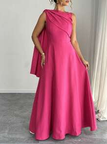 SHEIN PETITE 1 件女士优雅无袖垂肩圆领连衣裙，紫红色 - 玫紅色 - 查看 5