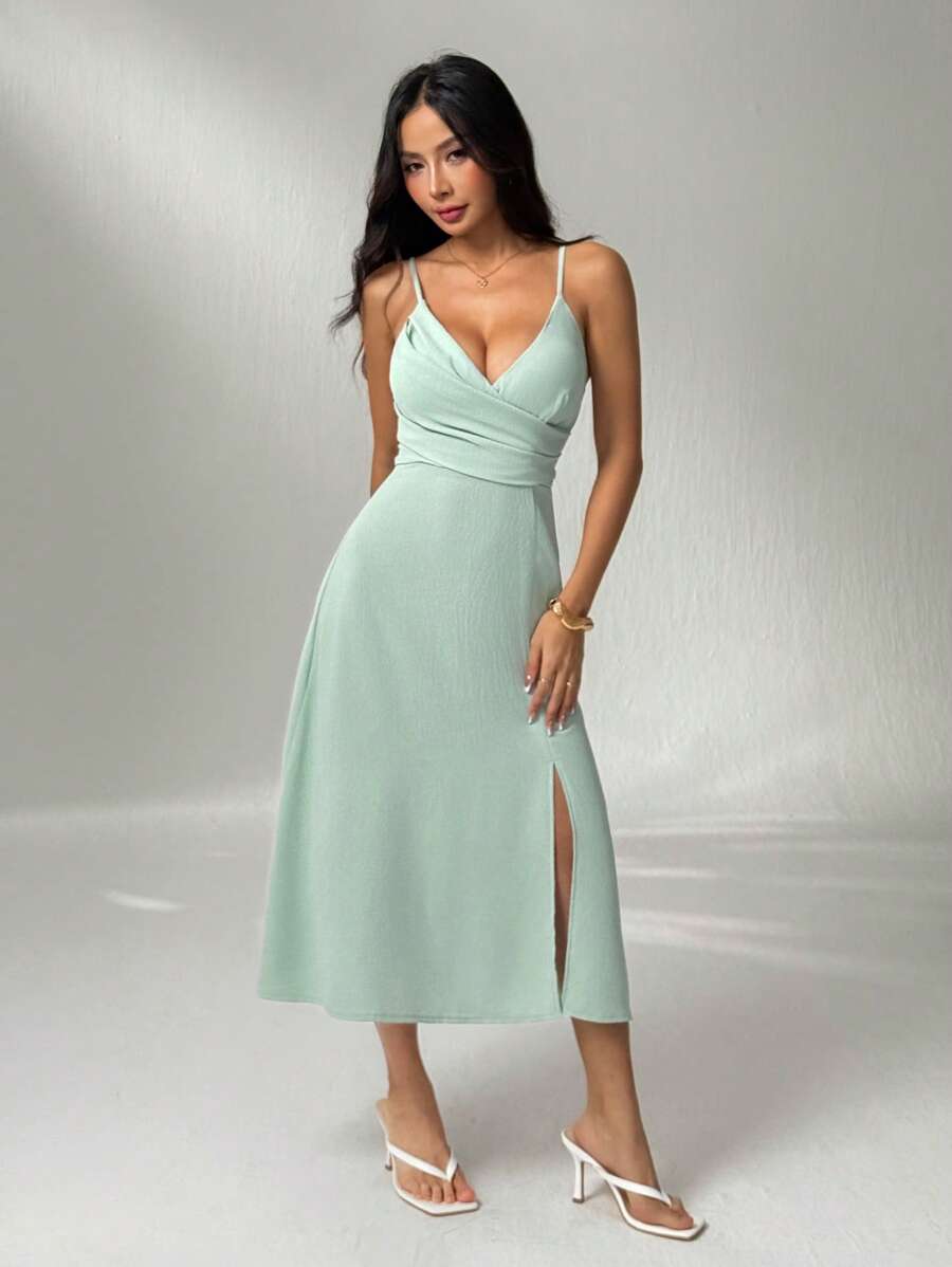 SHEIN PETITE Vestido de tirantes de media longitud elegante de unicolor con abertura para mujer, para mujeres de talla pequeña - Verde - Ver 1