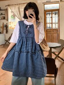 FRIFUL 女士格子无袖衬衫，配有蝴蝶结、荷叶边和A字廓形，休闲百搭，适合秋季穿着。