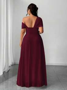 Elenzga Plus Size Women's Elegant & Romantic Chiffon One-Shoulder Split Dress, Suitable For Party, Wedding, Banquet, Autumn/Winter, Wine Red