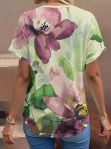 SHEIN LUNE Plus Size Women's Watercolor Floral Print V-Neck Short Sleeve Graphic Tees With Rolled-Up Cuffs,Retro Flower Pattern Casual Loose Summer Women Cute Women Tops - Multicolor - View 2