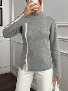 EURMUSE Suéter de punto de cuello alto minimalista para mujer con rayas de contraste - Gris Claro - Ver 4