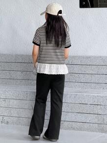 DAZY 女童秋季两件套服装 - 圆领条纹短袖T恤+长裤套装 - 黑與白 - 查看 8