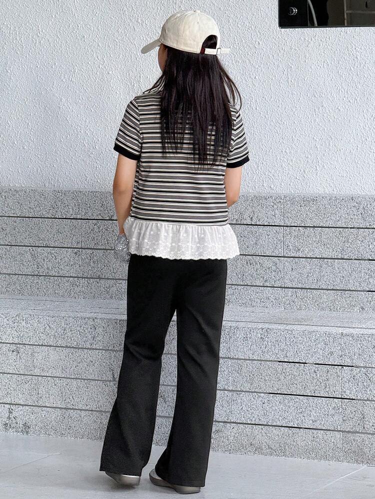 Girl Tween Girl Fall 2pcs Outfit - Round Neck Striped Short Sleeve T-Shirt + Long Pants Set
