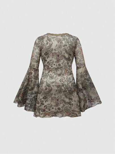 Fairycore Vestido de malla con estampado de enredadera de estilo vintage para talla grande