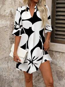 SHEIN Clasi Vestido corto casual con cuello en V, estampado floral y manga media para mujeres, adecuado para el verano