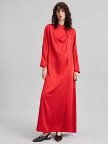 Ontre 2025 New Elegant & Stylish Women's Long Sleeve Asymmetric A-Line Midi Dress, Red, Minimalist Design, Suitable For Party, Date, Valentine's Day