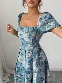 Elenzga 女士优雅刺绣泡泡袖中长连衣裙，夏季