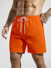 Surfspeed Men's Plain Pocketed Drawstring Waist Beach Shorts, Suitable For Summer, Hawaiian, Men Dry Fit Orange Swim Trunks, Men Swim Trunk Matching, Men Beachwear, Plain Swim Trunks