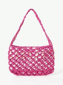 MUSERA Crochet Beaded Woven Caged Shoulder Bag Beach Bag - Hot Pink - View 4