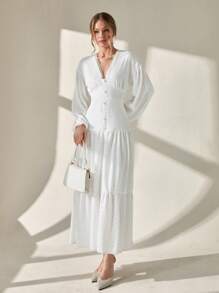 CLARA VERO Vestido elegante y casual con bordado de ojales, vestido blanco largo, vestido de falda