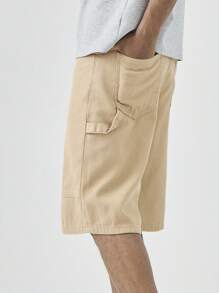 Manfinity Hypemode 男士休闲纯色牛仔短裤，夏季 - 卡其色 - 查看 3