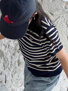 Dazy Kids 青少年女孩蝴蝶结条纹圆领宽松短袖毛衣，女孩夏季服装，返校服装