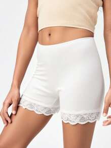 Tween Girls Casual Fashionable White Knit Lace Trim Snug Fit Shorts