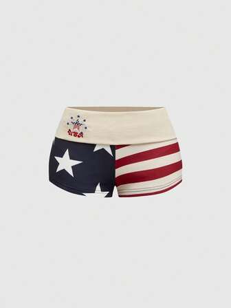 ROMWE J-Fashion Shorts de cintura baja de estilo retro del año 2000, de longitud mini, con estampado de la bandera estadounidense, para mujeres