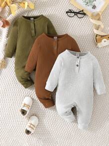 SHEIN Vintaside Kids 春秋純色肋條3件裝爬服,適用於嬰兒男寶寶 - 彩色 - 查看 4