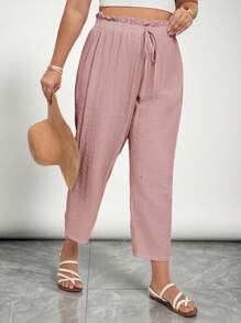 SHEIN VCAY Quần Capri vải lanh cỡ lớn dành cho nữ, Mùa hè, Bãi biển, Phong cách Boho, Bohemian, Thường ngày công sở - Bụi hồng - Xem 3