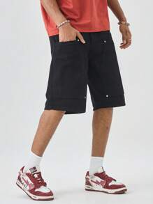 Manfinity Hypemode Men's Loose Fit Large Pocket Casual Versatile Denim Shorts - Black - View 6