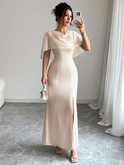 Elenzga 全新夏/秋季时尚优雅法式高端设计修身纯色雪纺垂坠领无袖女式连衣裙