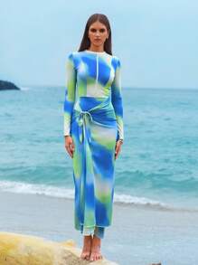 Swim Shayni 女士夏季假期保守蓝白绿扎染长袖拉链上衣、裤子和透明长裙 3 件套比基尼套装沙滩装