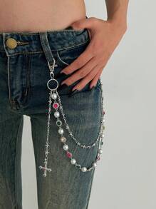 ROMWE Fairycore 1pc Retro Luxurious Multi-Color Crystal & Faux Pearl Waist Chain, Women Charming Personalized Cross Pants Chain, Pants Decoration For Daily Commute, Parties, Music Festivals - Silver - View 3